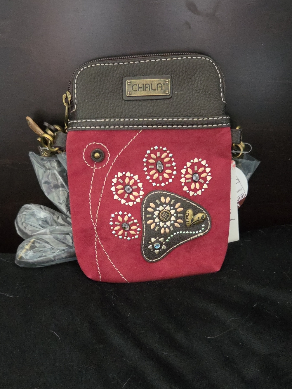NWT Chala Dazzled Paw Print Cellphone Crossbody Burgundy RFID